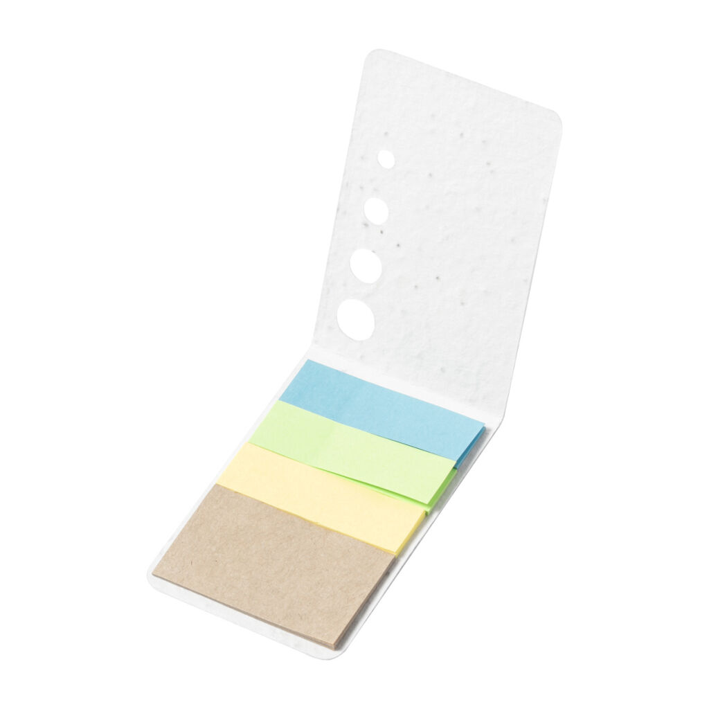 Notatnik z okładką z papieru nasiennego z karteczkami z papieru z recyklingu z 10 karteczkami na notatki i 30 zakładkami (w 3 różnych kolorach). Papierowa okładka z nasionami zawiera nasiona petunii w różnych kolorach