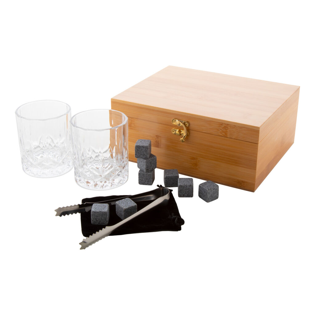 Luksusowy zestaw do whisky w bambusowym pudełku upominkowym. W zestawie 2 szklanki do whisky (250 ml)