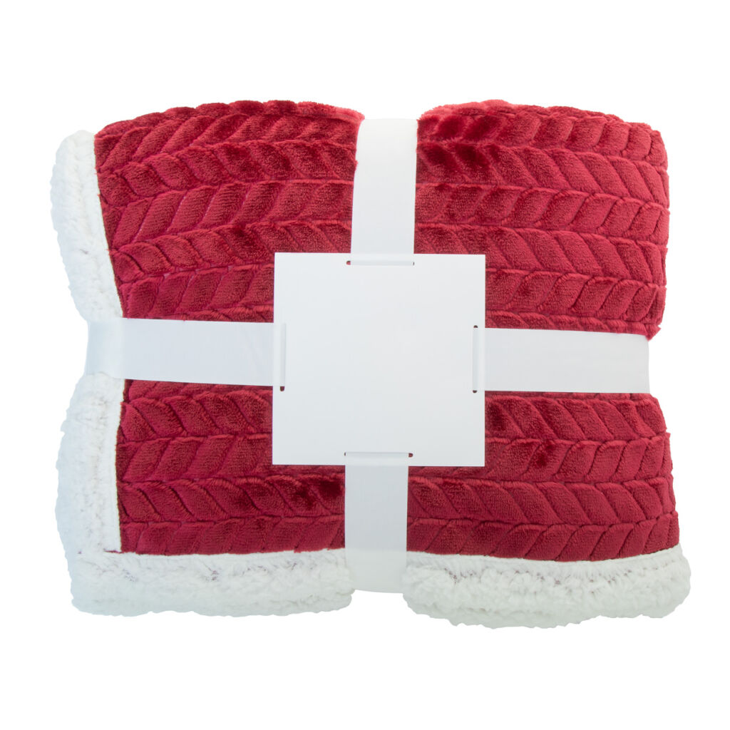 Dwuwarstwowy koc RPET z żakardowym wzorem. Z polarem flanelowym RPET 240 g/m² i podszewką z polaru sherpa RPET 210 g/m². Owinięty wstążką i kartą do nadruku.