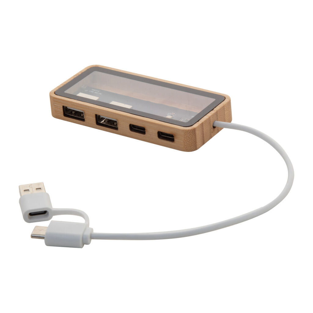 Półprzezroczysty bambusowy hub USB z widocznymi elementami elektronicznymi