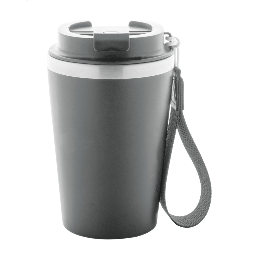 Kubek termiczny z podwójnymi ściankami ze stali nierdzewnej z recyklingu z plastikiem PP na zewnątrz i pokrywką do picia. Z paskiem RPET do przenoszenia. 350 ml.