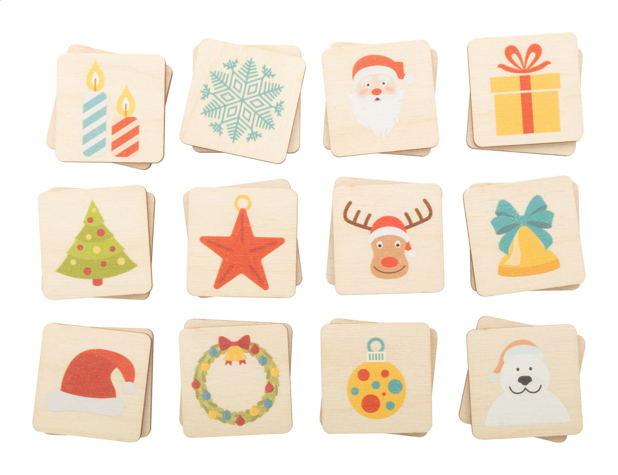 gra memory Immermor Xmas – Laminowana gra memory ze sklejki brzozowej z motywami świątecznymi. Z 24 płytkami (40×40 mm). Cena obejmuje identyczny nadruk logo w full kolorze na odwrocie wszystkich płytek. Min. ilość: 50 szt.
