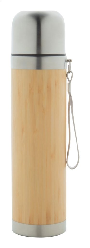 Termos ze stali nierdzewnej z bambusową nakładką i paskiem do noszenia. 420 ml.