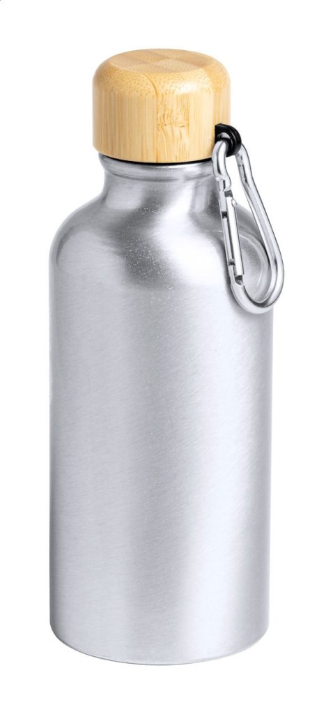 Aluminiowa butelka sportowa z bambusową pokrywką i karabińczykiem