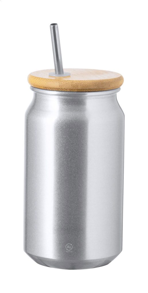 Aluminiowy kubek z recyklingu z bambusową pokrywką i słomką do picia ze stali nierdzewnej