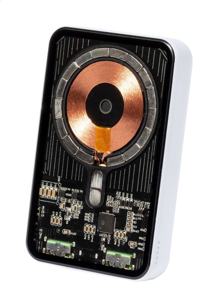 Półprzezroczysty power bank z widocznymi elementami elektronicznymi
