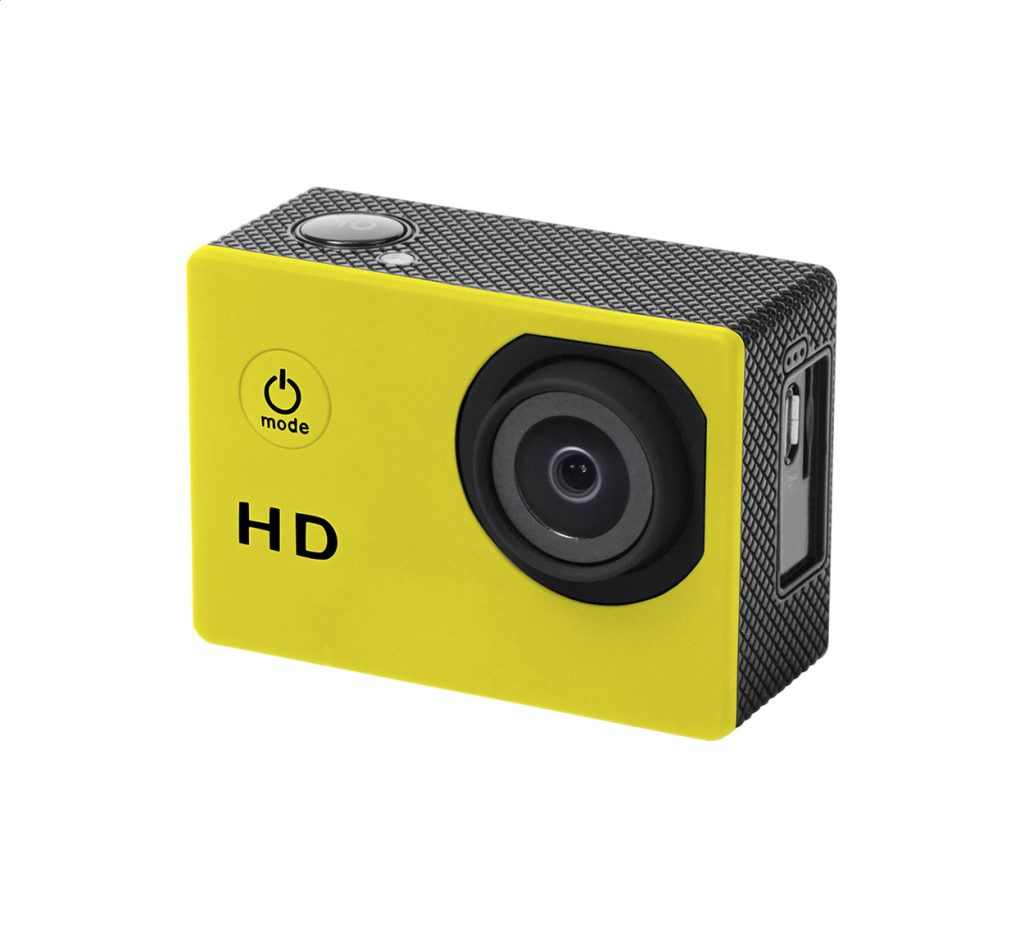 Plastikowa kamera nagrywająca w rozdz. 720HD z ekranem 2'' LCD i baterią. Zestaw zawiera 14 akcesoriów i kabel ładujący USB.