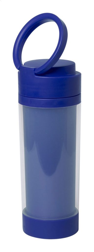 Plastikowa butelka sportowa z uchwytem na pokrywie i wysuwanym uchwytem na telefon na spodzie. W pudełku upominkowym. 390 ml. Nie nadaje się do napojów gazowanych.