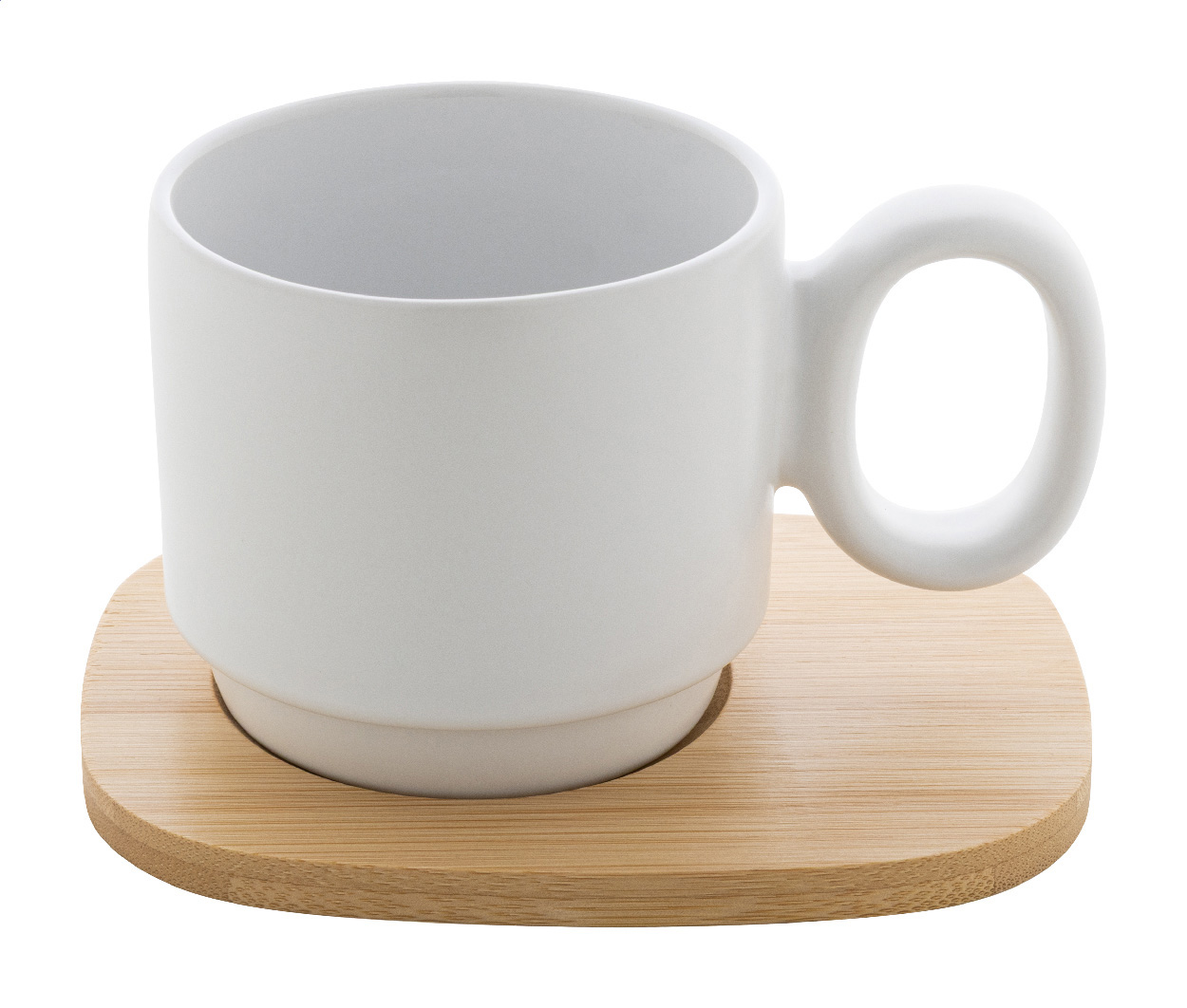kubek ceramiczny Kaguya – Wysokiej jakości ceramiczny kubek z matowym wykończeniem na zewnątrz i błyszczącym wnętrzem. W zestawie bambusowa tacka do serwowania. Pojemność 220 ml. Zapakowany w pudełko z papieru typu kraft.