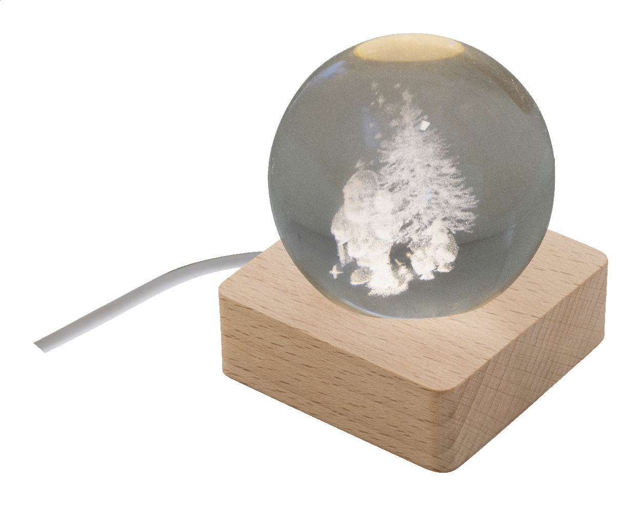 Świąteczna kula Borealis – Szklana kula świąteczna z drewnianą podstawą LED. W zestawie kabel USB do ładowania.