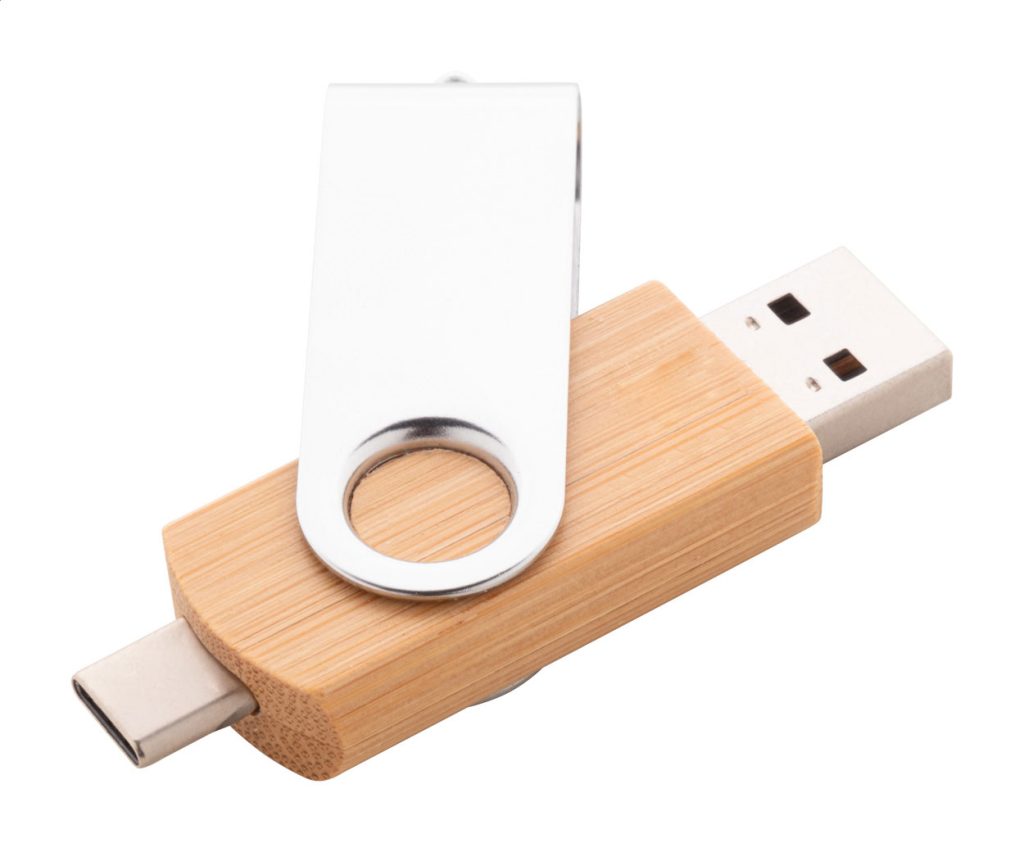 Pendrive USB Twist OTG w obudowie bambusowo-metalowej z pamięcią 4/8/16/32 GB. Ze złączami USB i USB-C. W pudełku z papieru kraft. USB 2.0.